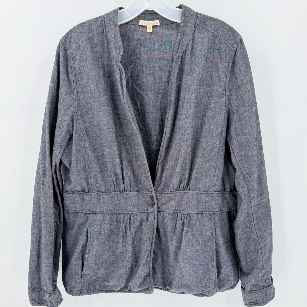 EILEEN FISHER Gray Cotton Chambray Jacket XL Peplum Button Front
